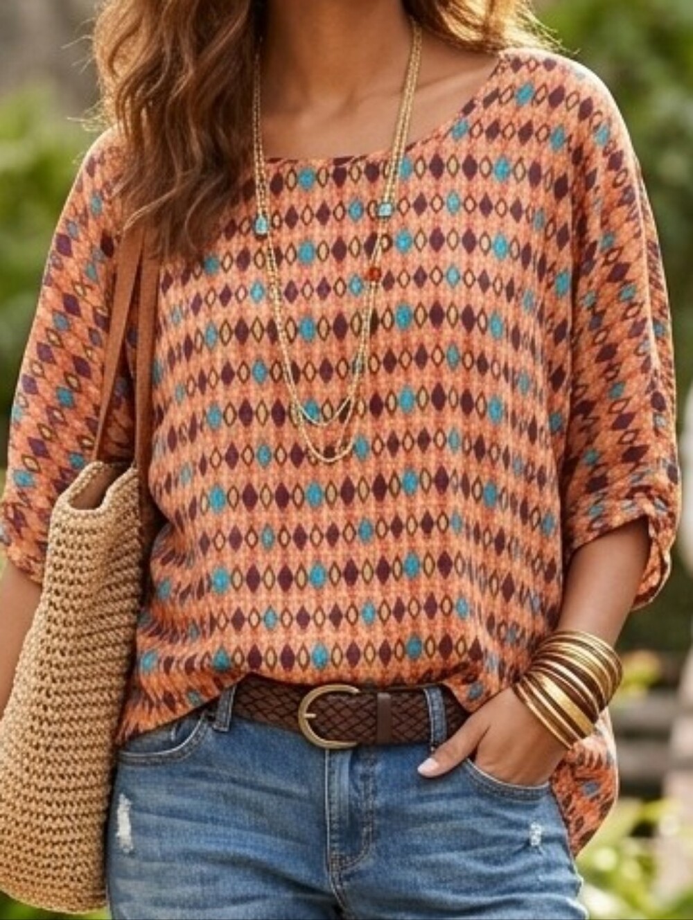 IVY JANE Geometric Diamond Print Blouse Orange Blue Scoop Neck Top